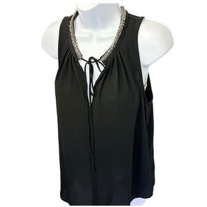 Wayf XS Black Sleeveless Tunic Blouse with Embellished Neckline & a Tie Neck